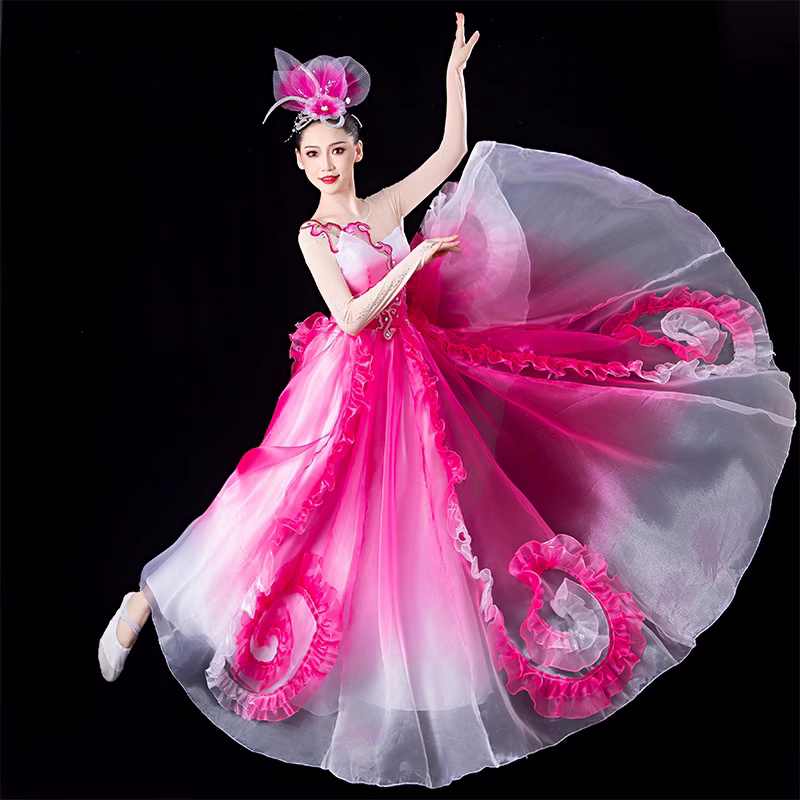 Women girls pink petals  flowers flamenco dance dresses chinese folk dance costumes paso double opening dance choir ballroom dance dress for female